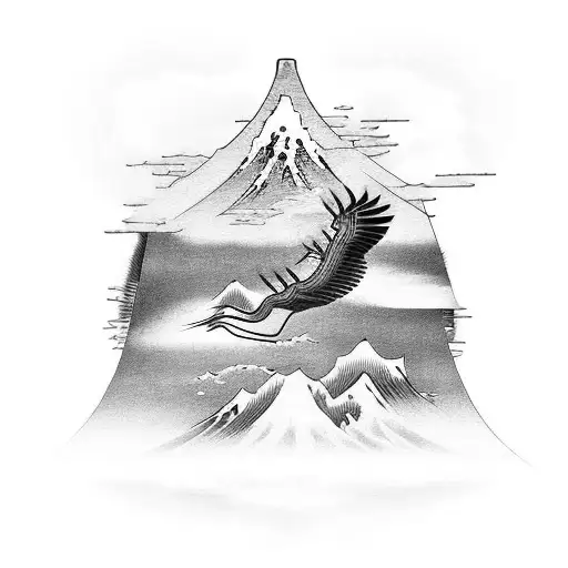 An intricate Japanese-inspired tattoo of a crane flying over a mountain tattoo design idea