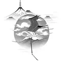 An intricate Japanese-inspired tattoo of a crane flying over a mountain tattoo design idea