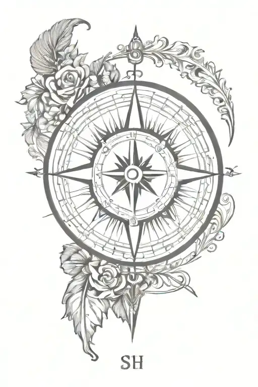 compass design featuring initials sh and dj tattoo design idea