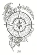 compass design featuring initials sh and dj tattoo design idea