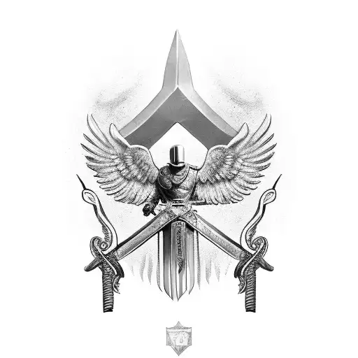 Manager's hand holding a gladiator sword with an eagle flying above tattoo design idea