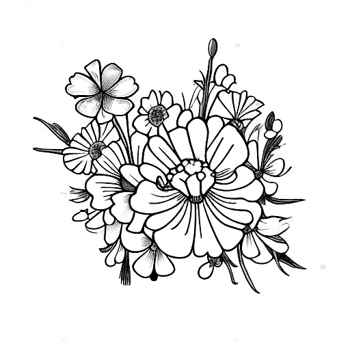 A beautiful cross with carnations, snowdrops, violets, primroses, daisies, sweet peas, marigolds, and cosmos. tattoo design idea