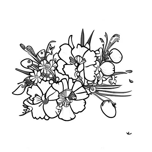 a cross with  Carnations, snowdrops, violets, primroses, daisies, sweet peas, marigolds, and cosmos added to it tattoo design idea