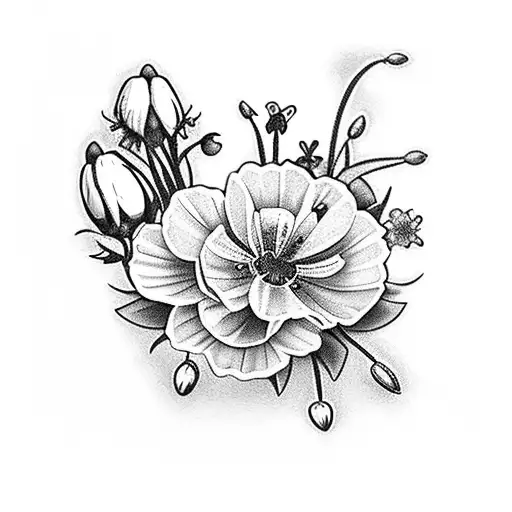 A beautiful cross adorned with carnations, snowdrops, violets, primroses, daisies, sweet peas, marigolds, and cosmos. tattoo design idea