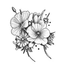 A beautiful cross with carnations, snowdrops, violets, primroses, daisies, sweet peas, marigolds, and cosmos. tattoo design idea