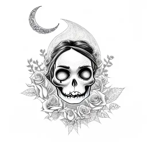 corpse bride, moon, rose, skull tattoo design idea