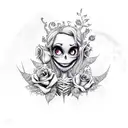 corpse bride, moon, rose, skull tattoo design idea