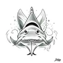 goldfish wearing a shark fin as a hat tattoo design idea