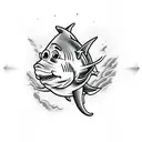 goldfish wearing a shark fin as a hat to ward off sharks and fit in tattoo design idea