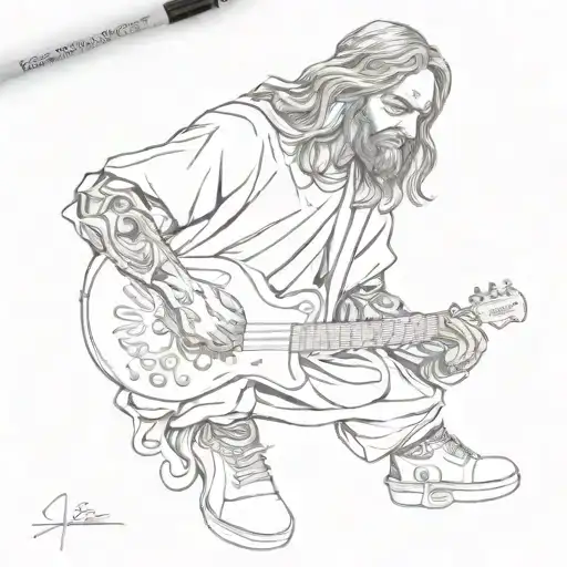 A detailed tattoo of Jesus Christ wearing sneakers and playing a guitar, blending spirituality with modern elements tattoo design idea