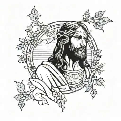 A tattoo design of jesus christ with a background of nature and music notes tattoo design idea