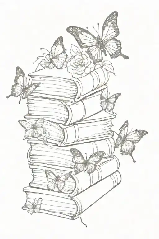 stack of books with line work butterflies and flowers  tattoo design idea