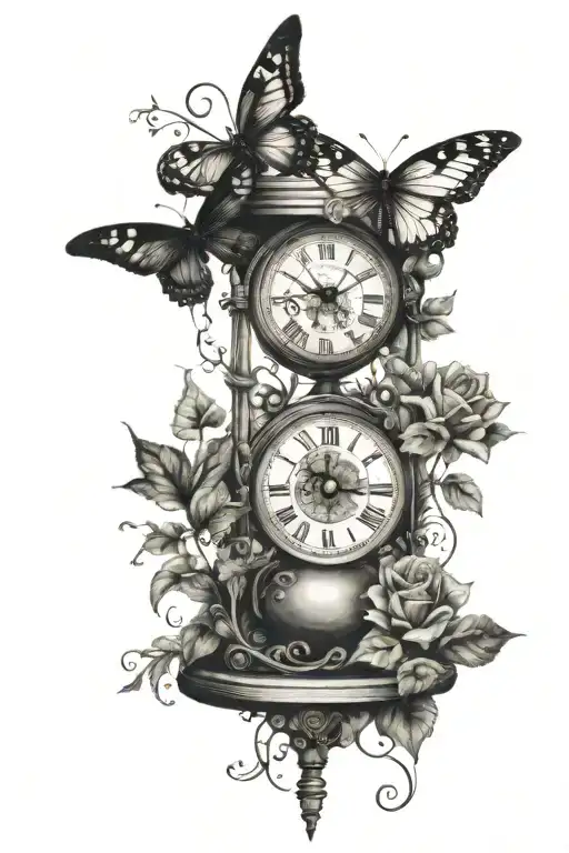 hourglass filled butterfly birds wrapped with ivy vines and a clock  tattoo design idea