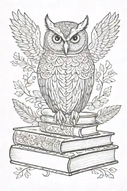 A majestic owl perched on a stack of books, with its wings spread wide and feathers detailed with woodburning patterns tattoo design idea