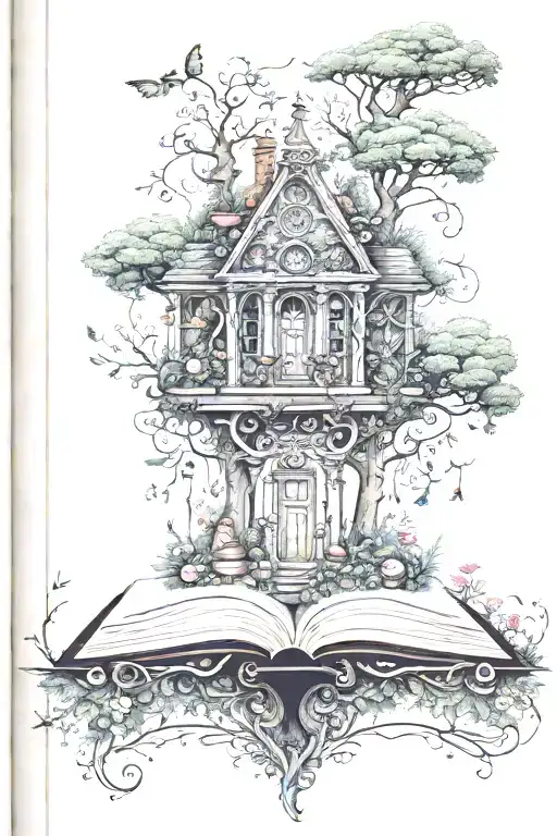 fantasy whimsical garden book  tattoo design idea