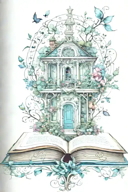 fantasy whimsical garden book  tattoo design idea