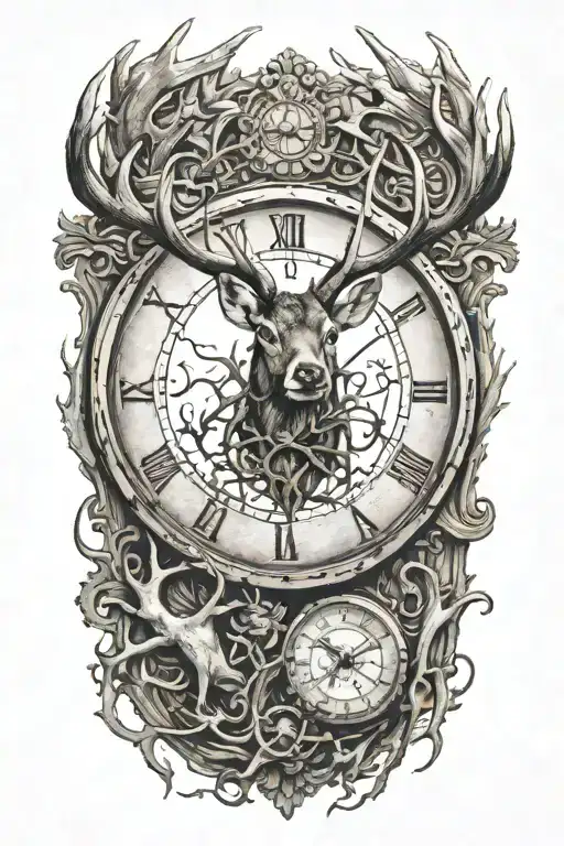 broken clock with time running deer antlers  tattoo design idea
