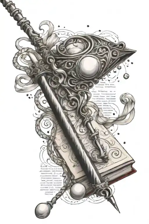 An elegant diamond and pearl necklace intertwined with a magical Harry Potter wand, surrounded by swirling pages from a book tattoo design idea