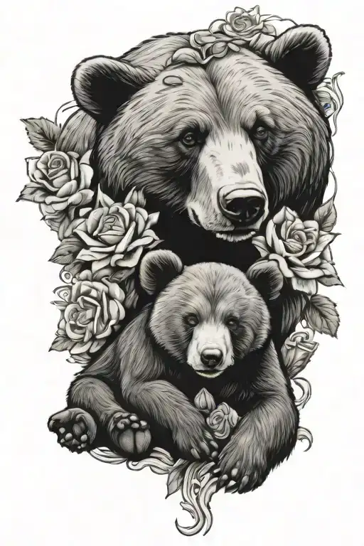 mama bear baby bears flowers intertwined tattoo design idea