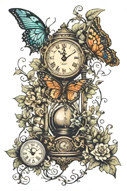 hourglass filled butterfly birds wrapped with ivy vines and a clock  tattoo design idea