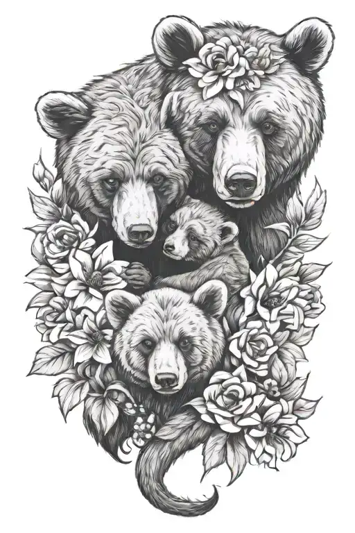 mama bear baby bears flowers intertwined tattoo design idea