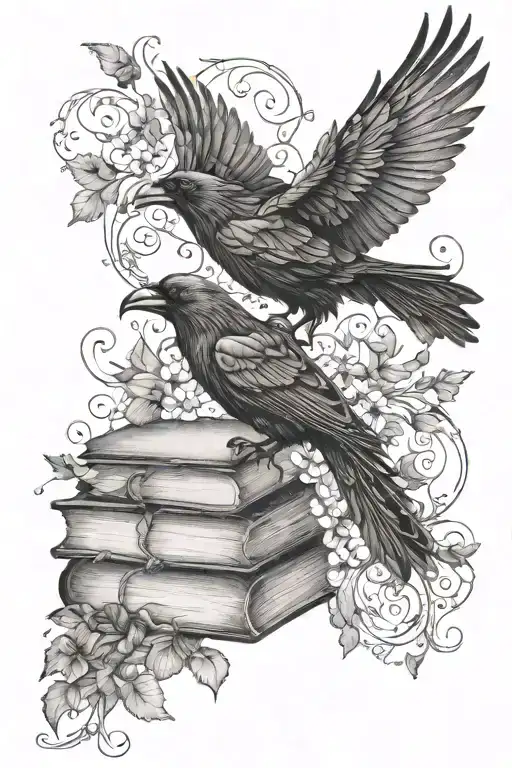 whimsical fantasy books with vines and raven flying tattoo design idea