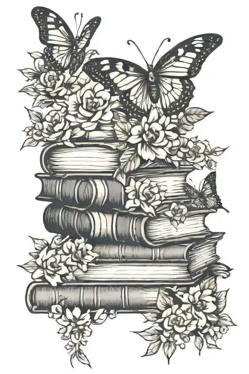 stack of books with line work butterflies and flowers  tattoo design idea