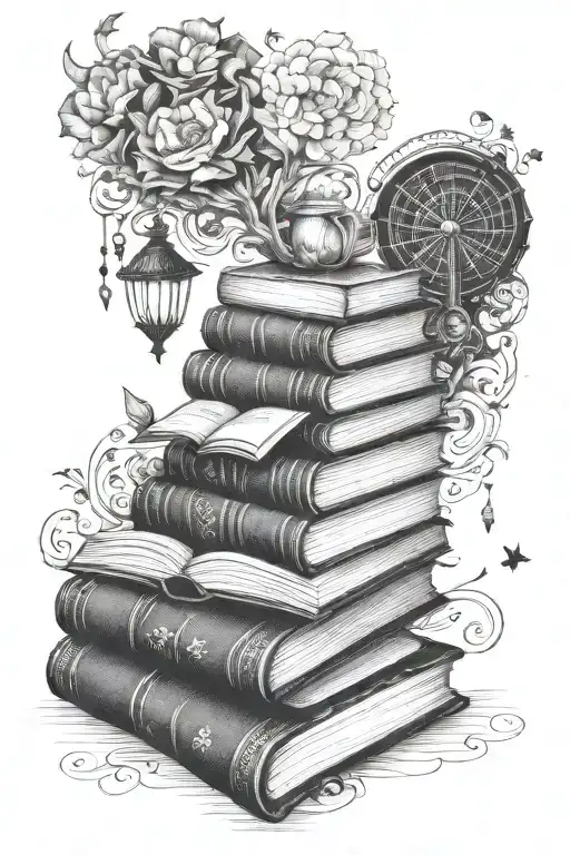 fantasy whimsical books forming tattoo design idea