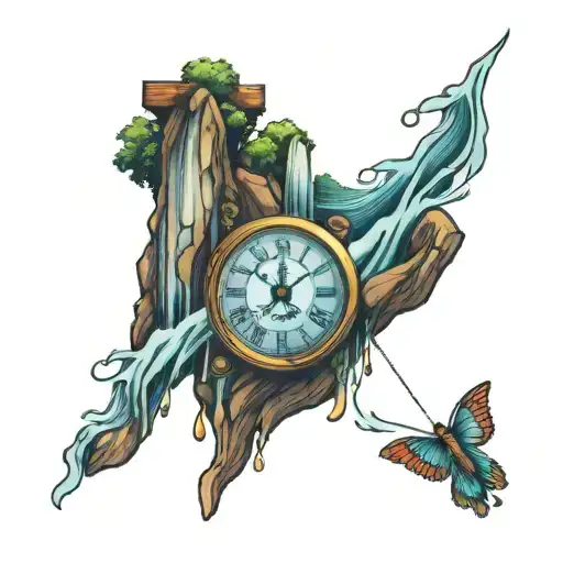 clock going into waterfall flowing tattoo design idea