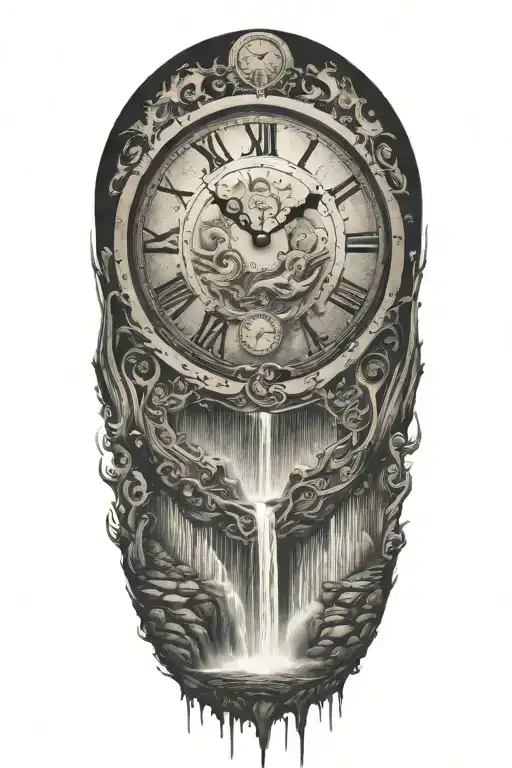 clock going into waterfall flowing tattoo design idea