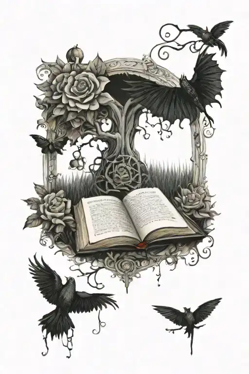 fantasy whimsical garden book  tattoo design idea