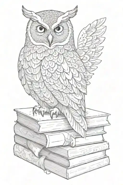 A majestic owl perched on a stack of books, with its wings spread wide and feathers detailed with woodburning patterns tattoo design idea
