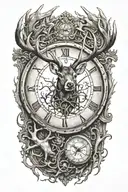 broken clock with time running deer antlers  tattoo design idea