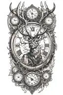 broken clock with time running deer antlers  tattoo design idea