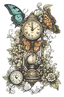 hourglass filled butterfly birds wrapped with ivy vines and a clock  tattoo design idea