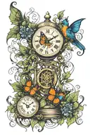 hourglass filled butterfly birds wrapped with ivy vines and a clock  tattoo design idea
