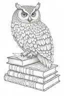 A majestic owl perched on a stack of books, with its wings spread wide and feathers detailed with woodburning patterns tattoo design idea