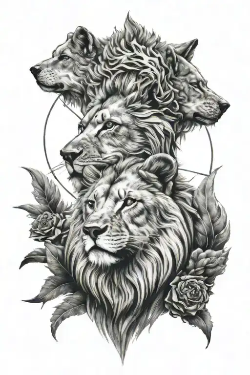lion and wolf head surrounded tattoo design idea