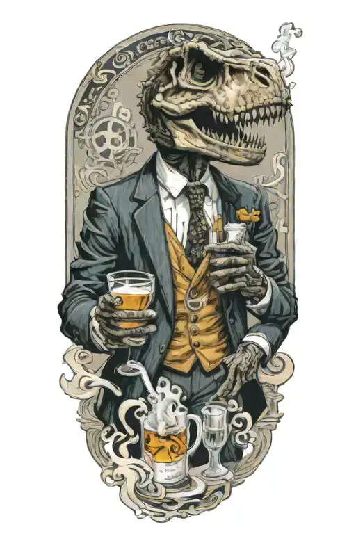 suited skeleton t-rex holding whiskey and smoking a cigarette with smoke billowing around with aquarius zodiac symbols tattoo design idea