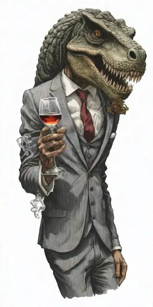A T-rex in a suit holding a glass of wine in one hand and a cigarette in the other, with Aquarius symbols in the smoke tattoo design idea