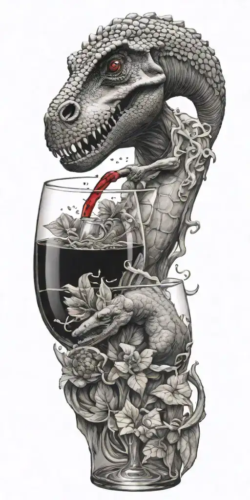 Aquarius dinosaur drinking wine with elements of food service and ancient Greece tattoo design idea