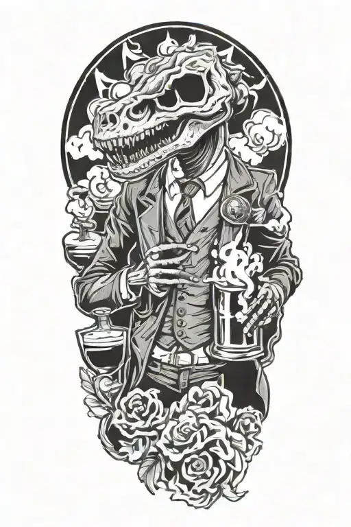 suited skeleton t-rex holding whiskey and smoking a cigarette with smoke billowing around with aquarius zodiac symbols tattoo design idea