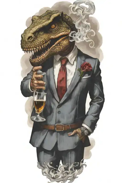 A T-rex in a suit holding a glass of wine in one hand and a cigarette in the other, with aquarius symbols in the smoke tattoo design idea