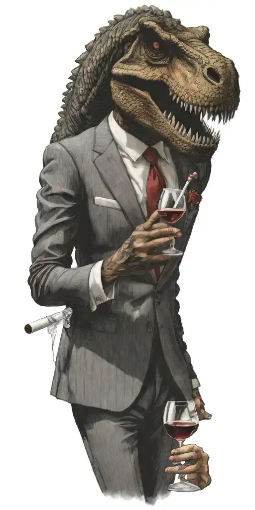 A T-rex in a suit holding a glass of wine in one hand and a cigarette in the other, with aquarius in the smoke tattoo design idea