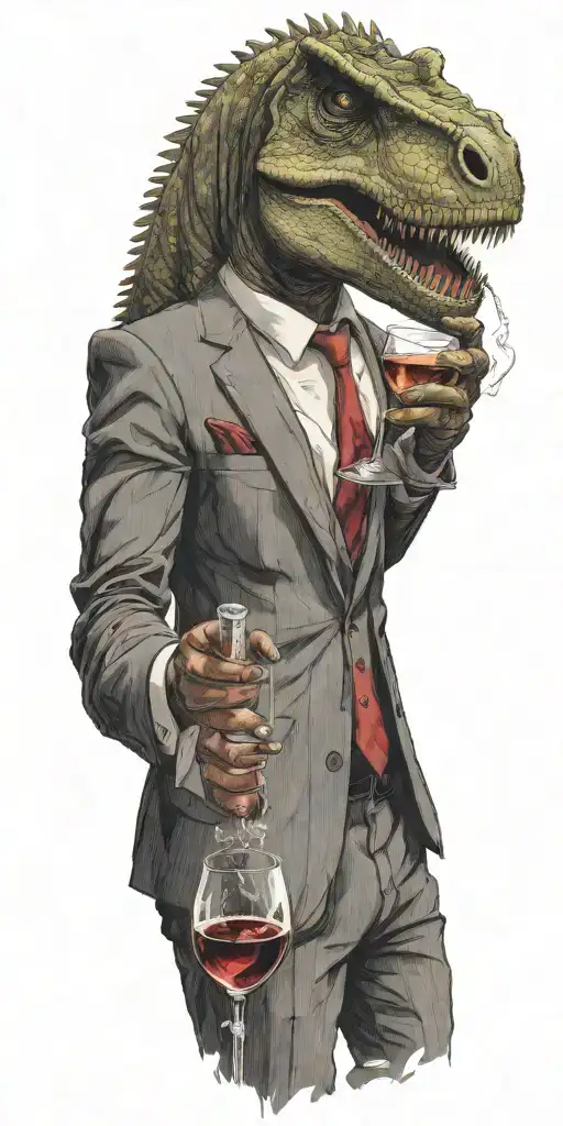 A T-rex in a suit holding a glass of wine in one hand and a cigarette in the other, with aquarius symbols in the smoke tattoo design idea
