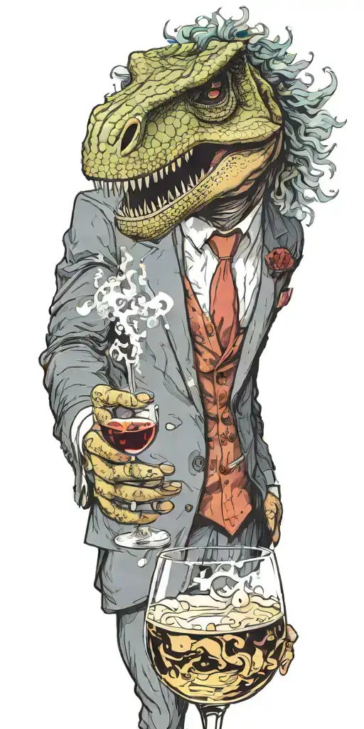 A T-rex in a suit holding a glass of wine in one hand and a cigarette in the other, with aquarius in the smoke tattoo design idea