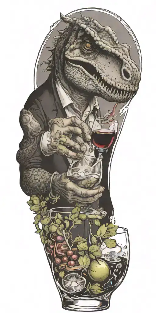 Aquarius dinosaur drinking wine with elements of food service tattoo design idea