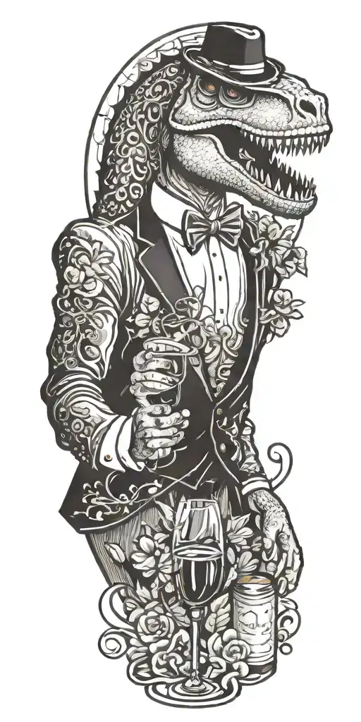aquarius zodiac sign entangled with a t-rex in a tuxedo serving wine tattoo design idea