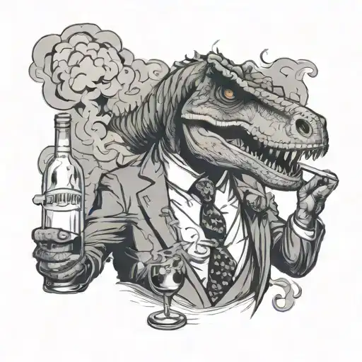A T-rex in a suit holding a glass of wine in one hand and a cigarette in the other, with Aquarius symbols in the smoke tattoo design idea