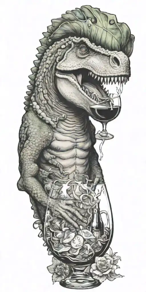 Aquarius dinosaur drinking wine with elements of food service and homosexuality tattoo design idea